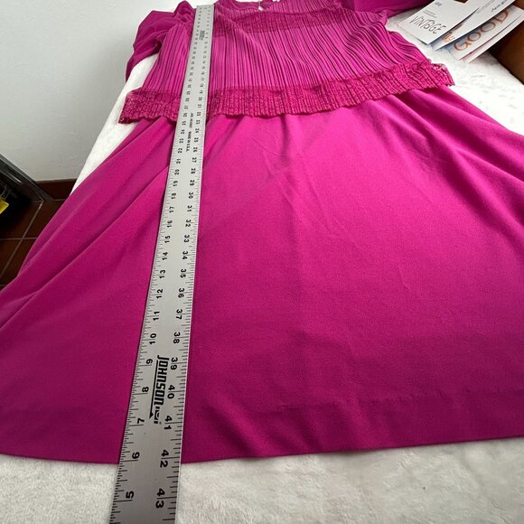 Vintage Sandi Dee Fuchsia Pink Puff Sleeve Pleated Dress with Lace Trim Size 16W - Picture 7 of 8
